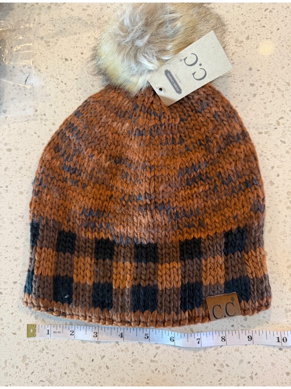 C.C Beanie Rust Brown and Black Plaid Pom Knit Beanie Hat